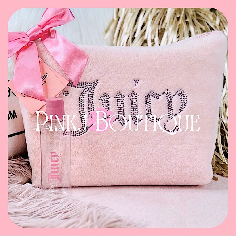 💗💄{Juicy Couture} Stunning Pink Soft Velvet Signature Bling Wedge Makeup Bag!